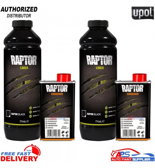 2x U-POL RAPTOR 1 Bottle Kit Black Tough Bed Liner Coating with Hardener